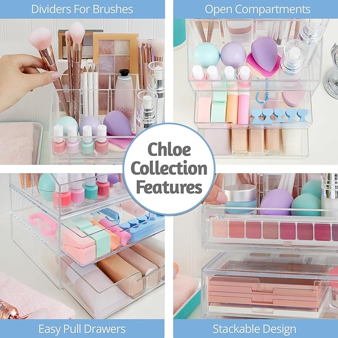 STORi Chloe Clear Plastic Stackable Makeup Brush Holder, Rectangular 6-Compartment Organizer for Brushes, Cosmetics & Beauty Supplies, Made in USA