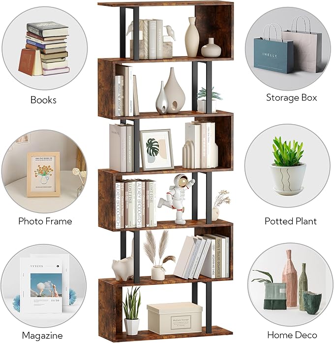 Yusong Geometric Bookcase, S Shaped Bookshelf 6-Tier Book Shelves for Bedroom, Modern Wood Decorative Display Shelf Tall Book Case for Home Office, Bown and Black