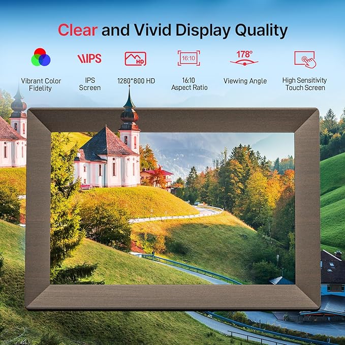 Frameo 10.1" Digital Picture Frame, Smart WiFi Digital Photo Frame with 1280x800 HD IPS Touch Screen 32GB Memory Auto-Rotate Wall Mounted, Share Photos/Videos from Phone Anywhere(Gray Wood)