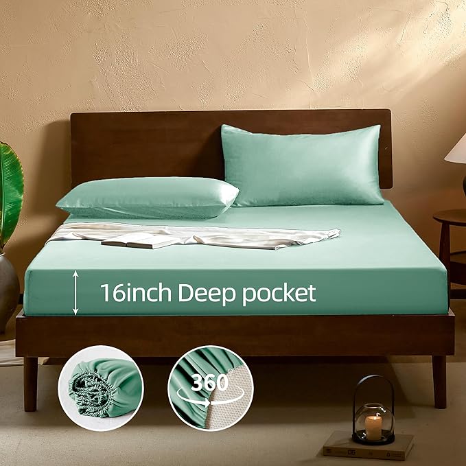 EVERLY King Sheets Set,Luxuriously 400 Thread Count Organic Viscose Derived from Bamboo Bed Sheet,Cooling Sheets for King Size 4 Piece Deep Pockets Bedding Sheets &Pillowcases-Water Green