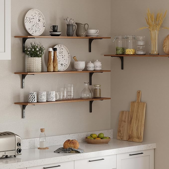 DINZI LVJ Long Wall Shelves, 55.1Inch Wall Mounted Shelves Set of 2, Extra Large Floating Storage Ledges with Sturdy Metal Brackets for Living Room, Bathroom, Bedroom, Kitchen, Rustic Brown