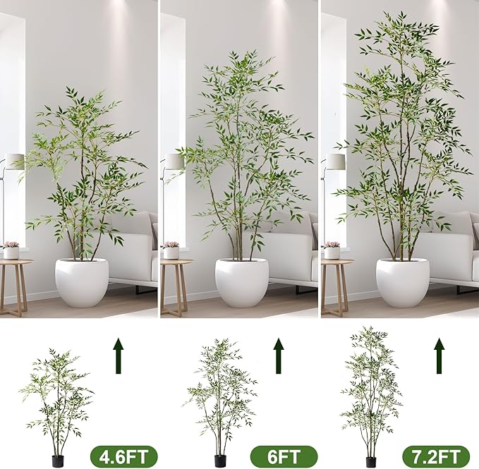 7.2ft Faux Bamboo Tree Artificial Nandina Tree Artificial Indoor Plants Realistic Fake Potted Tree with 800+ Leaves, Cement Planter - Home Office Decor Perfect for Housewarming Gift Non-Toxic
