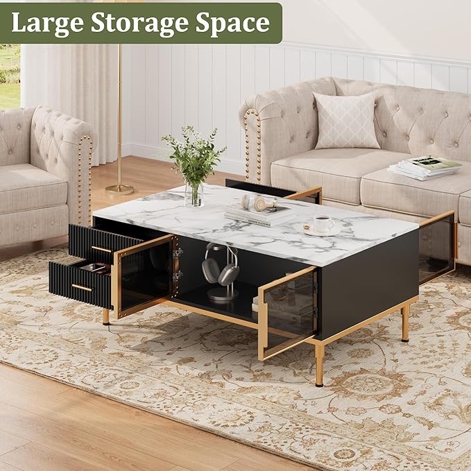 Coffee Table, Black Center Table for Living Room, Modern Large Coffee Tables with Storage 4 Drawers & 2 Glass Door Storage, Faux Marble Top, Gold Metal Leg, Hidden Compartment for Reception Room