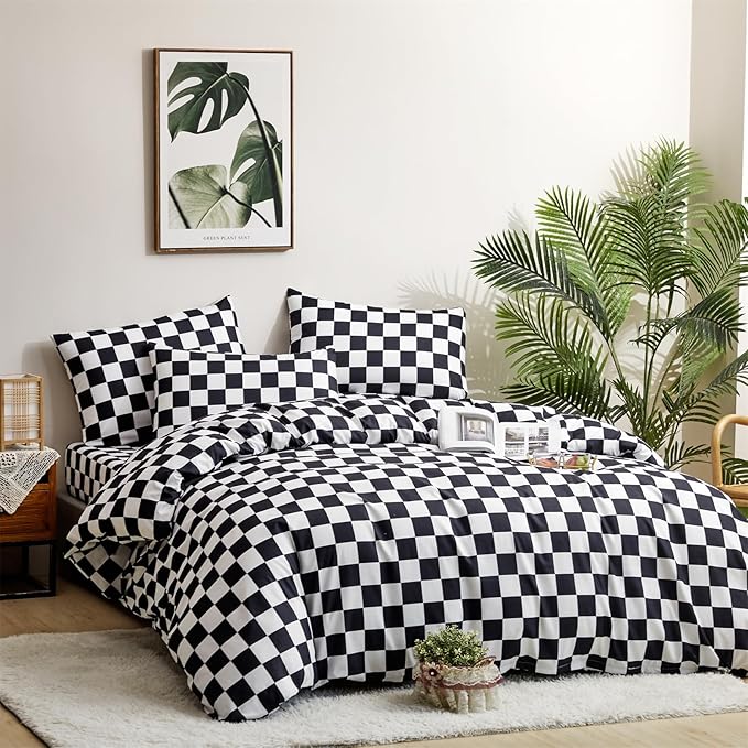Pureant Black White Plaid Comforter Set Full Size Black Checkerboard Grid Bedding Comforter Women Men Black and White Grid Quilts Soft Modern Black Buffalo Grid Comforter Boho Checkered Geomertic Bed