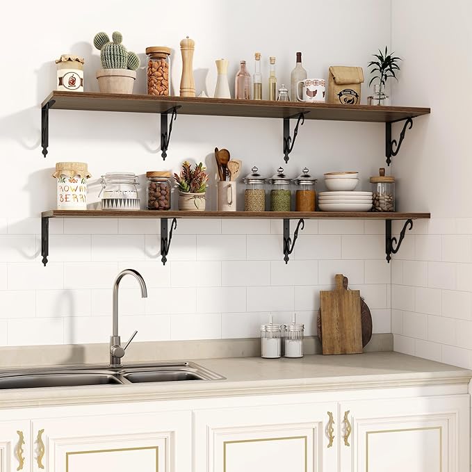 Fun Memories 55 Inch Floating Shelves, Long Floating Shelves Wall-Mounted, 12 Inch Deep Bookshelf with Bracket, 55" W x 12" D Shelves for Wall Display & Storage, Walnut, Set of 2