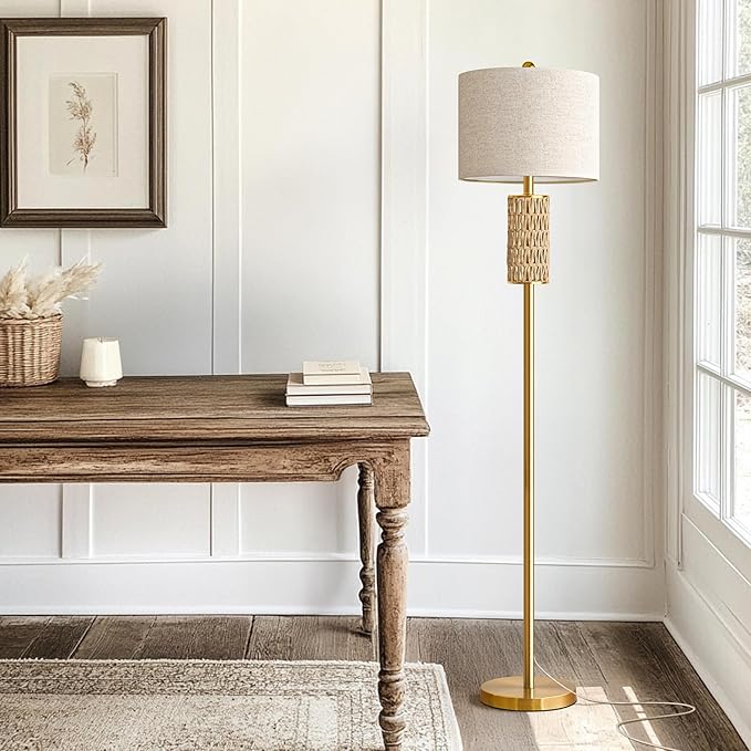 Oneach 62” Modern Floor Lamp for Living Room, Gold Boho Standing Lamp with Unique Rattan Design, Rotary Switch, Farmhouse Tall Lamps for Bedroom Office Dining Room (Without Bulb)