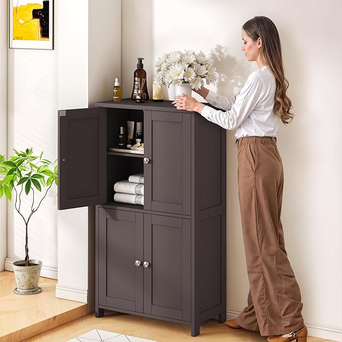 Nuturelly Bathroom Floor Storage Cabinet, Freestanding Pantry Cabinets with 4 Doors & 3 Adjustable Heights, Bathroom Organizers and Storage with Waterproof Board & Metal Handles for Kitchen, Brown