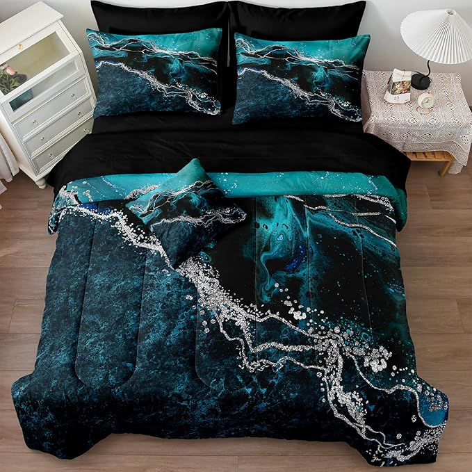 Black Marble Comforter Set 8 Pcs Turquoise Blue Bedding Set King Size Bed in A Bag Blue and Black Stone Texture Abstract Room Decor Black Marble Bed Comforter