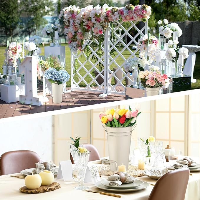 Irenare 12 Inch Vintage Galvanized Flower Bucket Metal Flower Vase Farmhouse French Bucket Planter Metal Floral Container for Party Table Centerpiece Weddings Home(White,6 Pcs)