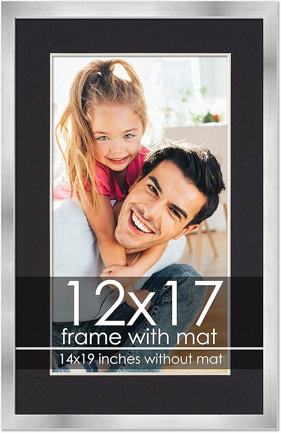 12x17 Frame - Silver 14x19 Frame Wood Made to Display Print or Poster Measuring 12 x 17 Inches with Black Photo Mat