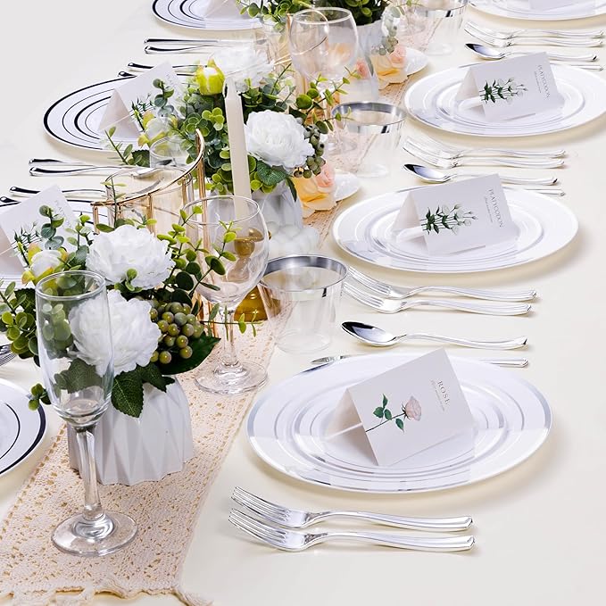 100PCS White Plastic Plates for Party, 10.25 Inch Heavy Duty Dinner Plates with Silver Rim, Disposable Plates for Wedding and Birthday