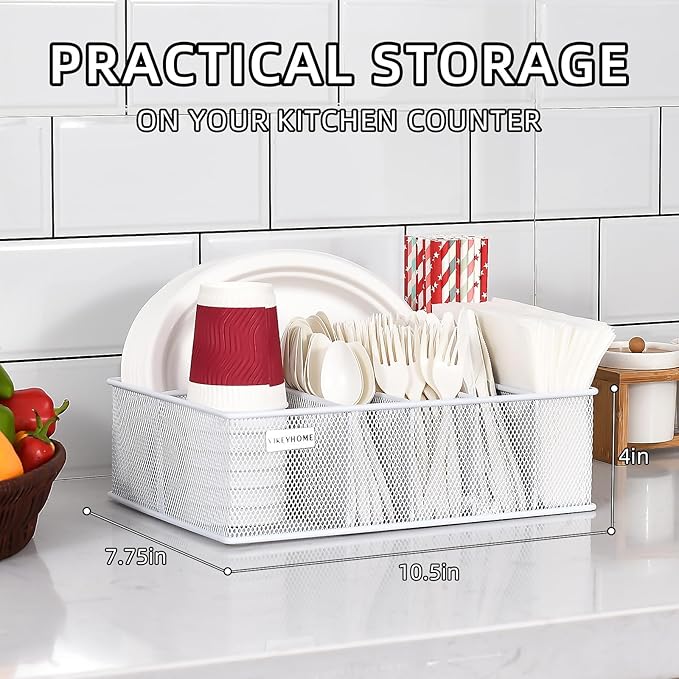Paper Plate Organizer, Metal Silverware Caddy with 6 Compartments for Knives, Spoons, Cups, Forks, Napkins, Utensil Holder for Party, Camping, Picnic, White