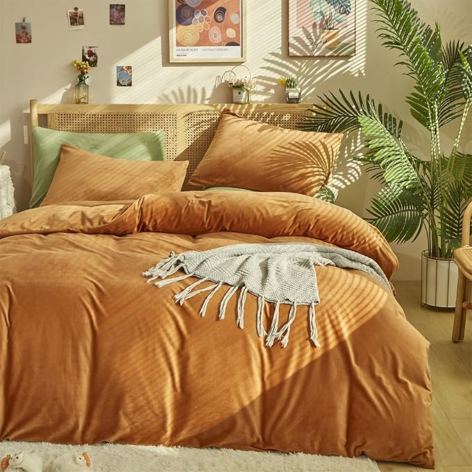 Pureant Pumpkin Comforter Set Full Burnt Orange Velvet Bedding Comforters Women Girls Solid Terracotta Aesthetic Flannel Quilts Soft Warm Light Caramel Plush Blanket Sherpa Luxury Shaggy Cinnamon Bed