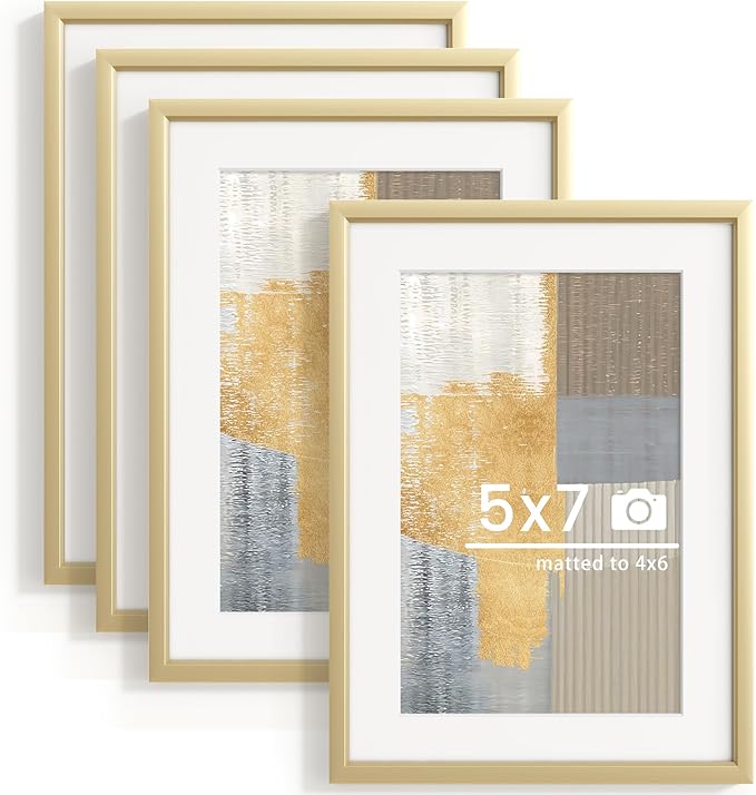 5x7 inch Metal Picture Frame - 5 x 7 Thin Aluminum Photo Frames with 4x6 Removable Mat - High Definition Plexiglass - Ideal for Wall or Tabletop Display - Gold, Set of 4