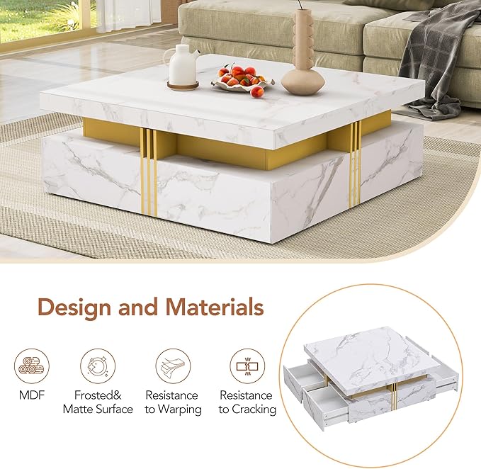 Merax Coffee Table, Modern Square Coffee Table with 4 Drawers, Contemporary Luxury Center Table Cocktail Table with Gold Accents for Living Room, 43.3" Lx 43.3" W (White)