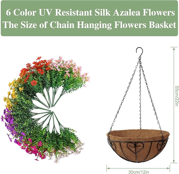Alynsehom 1 Set Artificial Flowers with Hanging Basket, 1 Outdoor Hanging Plants with 12pcs Faux UV Resistant Fake Silk Azalea in Baskets for Porch Garden Patio Balcony Yard Home Decor(6 Colors)