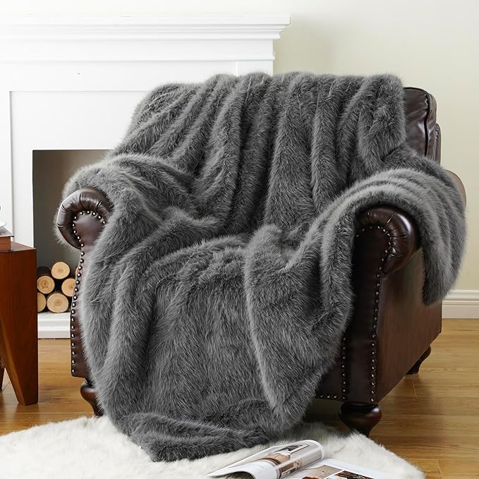 BATTILO HOME Luxury Fluffy Grey Faux Fur Throw Blanket, Cozy Warm Fur Blanket for Couch, Sofa, Chair, Bed, Plush Fuzzy Fur Throws with Long Pile, 50"x60"