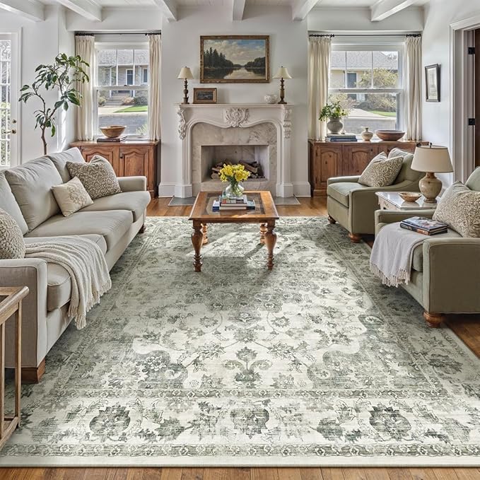 10x12 Neutral Area Rug Green Floral Living Room Bedroom Large Carpet Low Pile Vintage Non-Slip Soft Thin Washable Throw Rug for Dining Room Office Kitchen Indoor Nursery