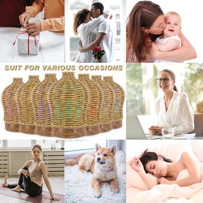 Essential Oil Diffuser - Multifunction Aromatherapy Diffuser 7 LED Color Changing Light 150ML Rattan Diffuser Easy to Clean Suitable for Home,Office（Brown）