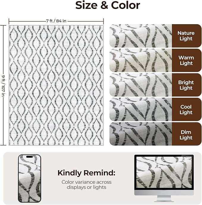 WITSHOCK 7x9 Grey Living Room Rug - Boho Soft Modern Geometric Low Pile Print Pattern Rug for Bedroom Dining Room, Large Thin Indoor Carpet for Nursery Playroom Decor, Kid & Pet Friendly