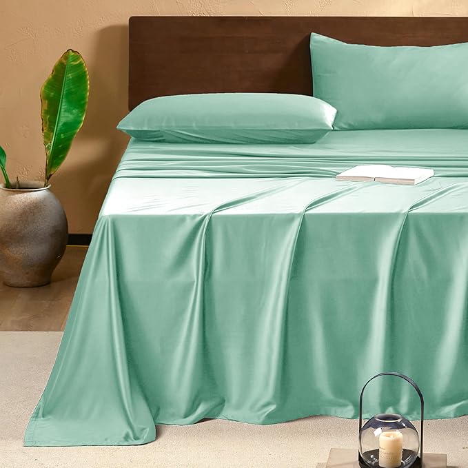 EVERLY Twin Sheets Set,Luxuriously 400 Thread Count Organic Viscose Derived from Bamboo Bed Sheet,Cooling Sheets for Twin Size 3 Piece Deep Pockets Bedding Sheets &Pillowcases-Water Green