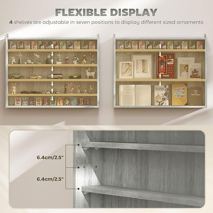 HOMCOM 5-Tier Display Cabinet, Glass Door Cabinet with Adjustable Shelves, Wall-Mounted Display Case for Playroom, Bedroom, Gray