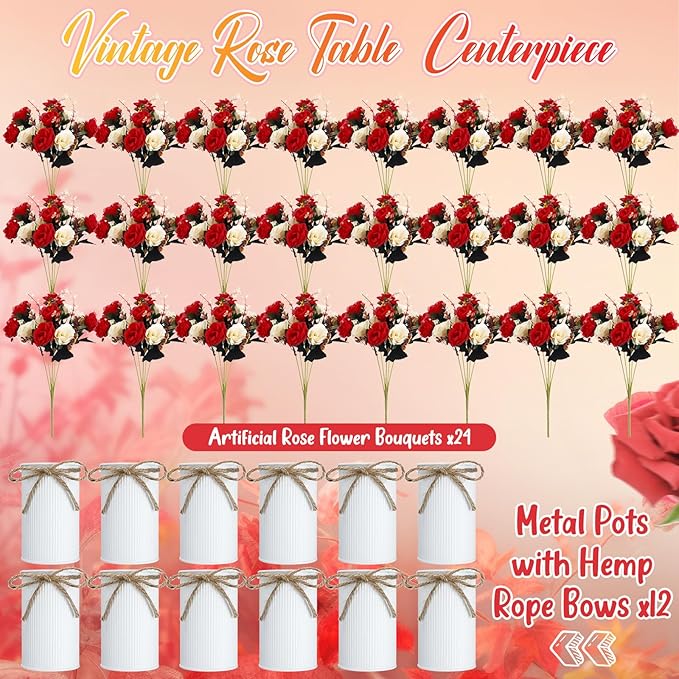 Domensi 12 Sets Wedding Centerpiece for Table Artificial Rose with Vase Fake Bouquets and Metal Pot Floral Arrangements for Holiday Party Event Table Decor (Red,Champagne)