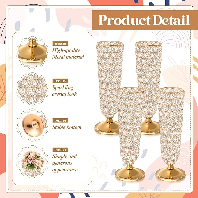 Rtteri 4 Pcs 12 Inch Tall Crystal Vase for Centerpieces Wedding Metal Crystal Trumpet Flower Vase Stand for Table Floor Wedding Party Favor Banquet Celebration, Classic Elegance(Gold)