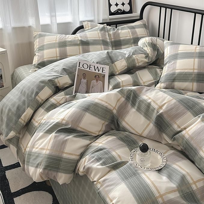 VM VOUGEMARKET Plaid Bedding Set King 100% Cotton Green Grid Duvet Cover Set,Modern Men Boy's Comforter Cover with Zipper Closure-King