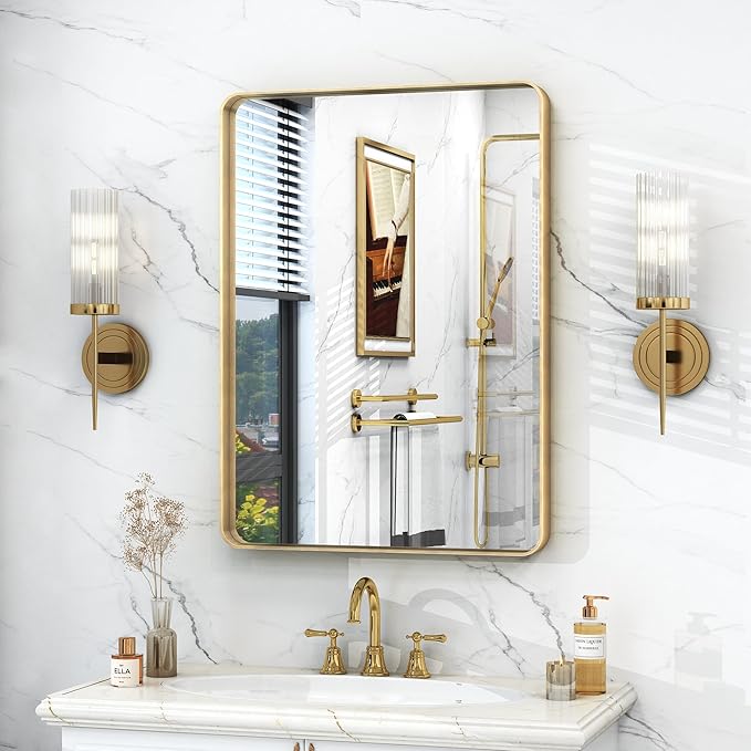 20x30 Inch Gold Framed Bathroom Mirror, Rectangle Brushed Gold Metal Vanity Mirror, Gold Mirror for Wall, Rounded Corner, Tempered Glass, Anti-Rust, Shatterproof (Horizontal/Vertical)