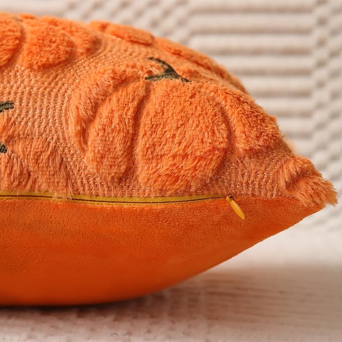 4TH Emotion Fall Pumpkins Decorative Lumbar Pillow Covers 12x20 Set of 2, Orange Soft Plush Faux Fur Wool Farmhouse Throw Cushion Cases for Autumn Thanksgiving Holiday Home Decorations