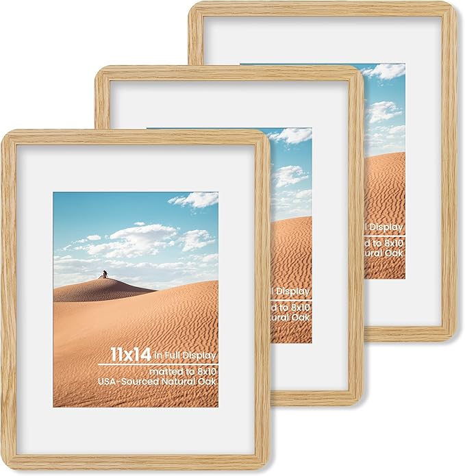 11x14 Round Corner Picture Frame, Solid Oak Photo Frame With Mat For 8x10, Plexiglass Framing And Hanging Hardware For Wall Or Tabletop Poster Frame, Natural Oak, 3 Pack