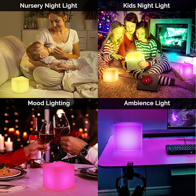 LOFTEK 7-inch LED Cube Night Lights: Rechargeable RGB 16 Colors Changing Light with Remote Control, IP65 Waterproof Table Lamp Night Light for Home Bedroom Kids Room