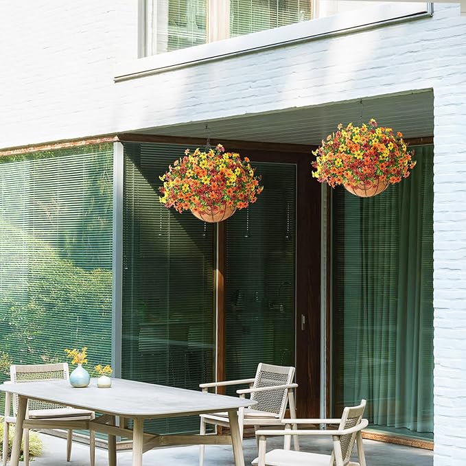 Artificial Flowers Hanging Basket Plants, Fake Mums Fall Decorations for Outdoor, Faux Silk Flower UV Resistant Autumn Decor for Outside Garden Patio Front Porch Balcony Window (Orange Brown Yellow)