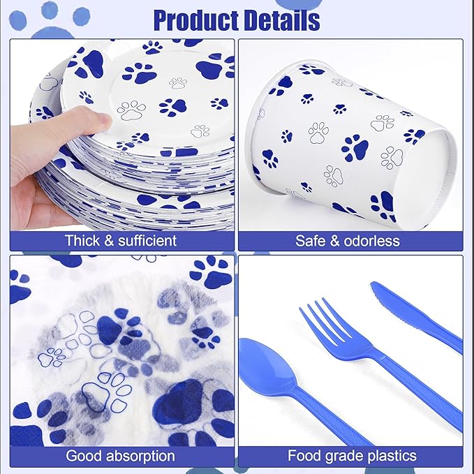 400 Pieces Blue Paw Disposable Party Tableware Sets Dog Puppy Supplies Including Plates Cups Napkins Cutlery Serves 50 for Birthday Puppy Theme Party Decorations