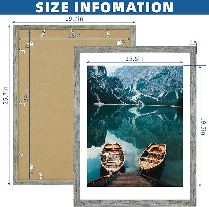 18x24 Frame Set of 2, Rustic Grey Wood Style - Display 18 x 24 Poster without Mat or 16x20 Picture with Mat, Wall Mounting Horizontal and Vertical
