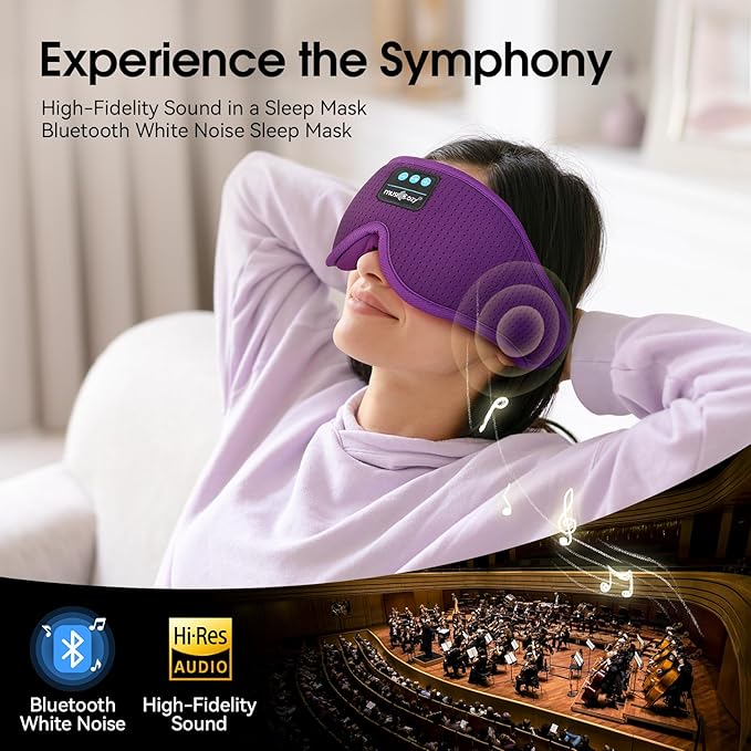 MUSICOZY White Noise Sleep Mask Headphones with 16 Soothing Sounds, Bluetooth Sleep Mask 3D Wireless Music Sleeping Headphones for Side Sleeper