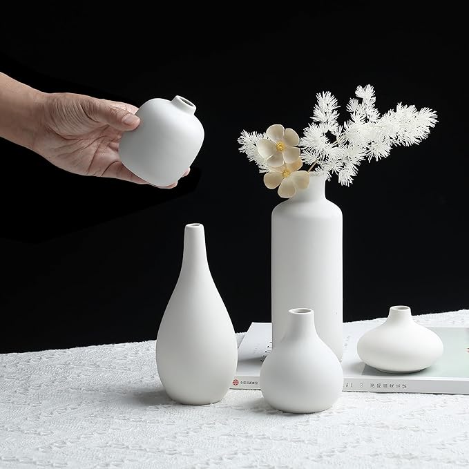 Set of 8 White Ceramic Vases for Dried Pampas Grass Flowers, Aesthetic Boho Modern Decor for Farmhouse Living Room Coffee Table Shelf Fireplace Centerpiece Bedroom Office Desk Home DIY Gifts