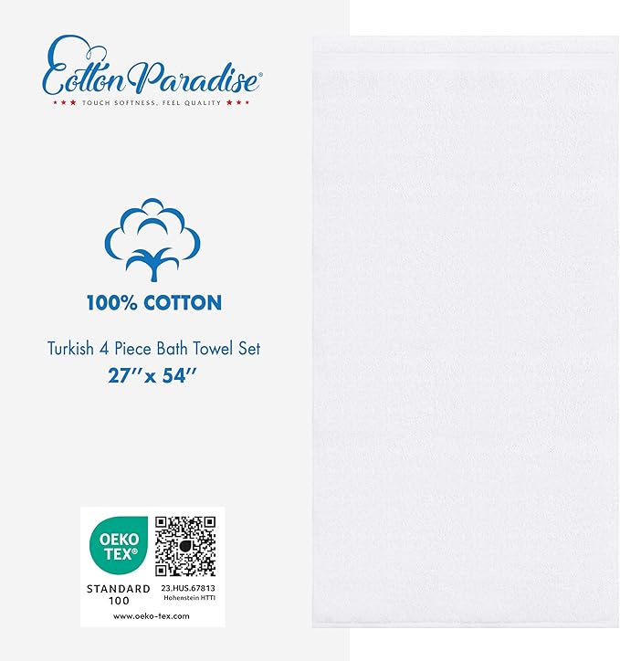 Cotton Paradise 4 Piece Turkish Bath Towels for Bathroom, 100% Cotton Extra Large Soft Plush Towels Bathroom Set, White