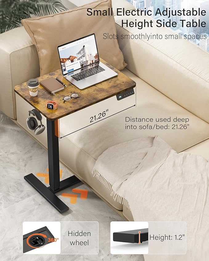 Mobile Standing Desk with Wheels - Electric Height Adjustable Small Movable Laptop Desk, Portable Rolling Computer Sit Stand Side Table for Home Office, Sofa&Bedside Use (27.6",Rustic Brown)