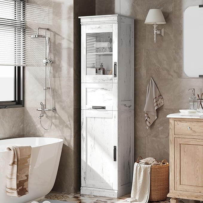 GarveeHome 70" Tall Bathroom Cabinet, Narrow Storage Cabinet with Doors and Adjustable Shelf, Freestanding Linen Slim Cabinet for Laundry Room, Kitchen, Small Space, Antique White