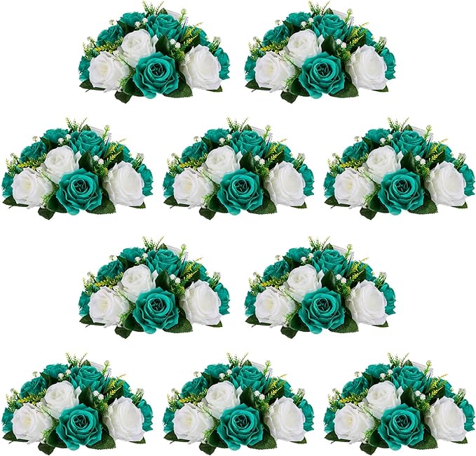 NUPTIO Flower Wedding Centrepieces for Tables - 10 Pcs 9.5in Diameter Teal & White Artificial Flowers Rose Ball for Centerpieces Table - Fake Rose Arrangements for Weddings Birthday Party Decorations