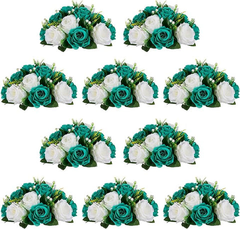 NUPTIO Flower Wedding Centrepieces for Tables - 10 Pcs 9.5in Diameter Teal & White Artificial Flowers Rose Ball for Centerpieces Table - Fake Rose Arrangements for Weddings Birthday Party Decorations
