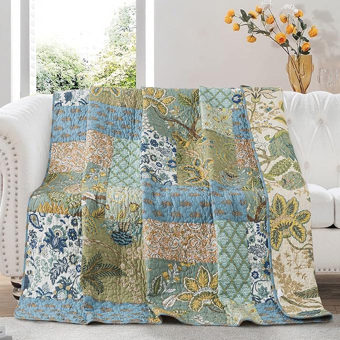 NEWLAKE Cotton Quilted Throw Blanket for Bed Couch Sofa, Reversible Patchwork Matelasse Blanket with Real Stitched Embroidery, Bohemian Floral Pattern, 60X78 Inch