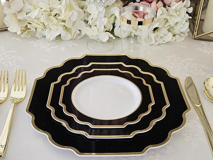 " OCCASIONS " 50 Plates Pack (25 Guests)-Heavyweight Wedding Party Disposable Plastic Plate Set -(25x10.5'' Dinner + 25x8'' Salad/dessert (Imperial in Black & Gold)