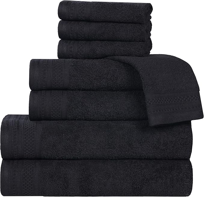 Superior Honeycomb Cotton Medium Weight Towels, for Guest Bath, Master Bathroom, Shower, Quick Dry, Adults, Home Essentials, Textured Waffle Border, Assorted Towel Set, 8 Piece Towel Set, Black