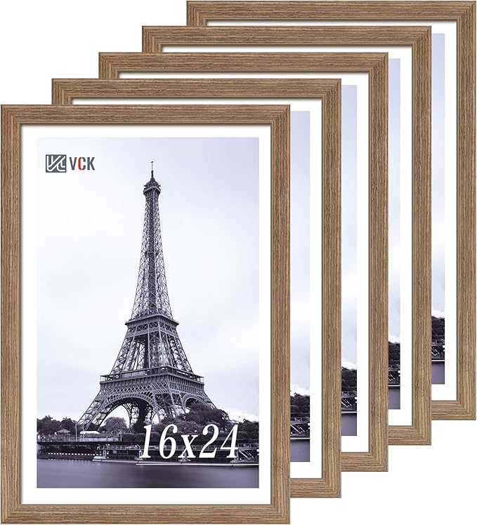 VCK 16x24 Frame 5 Pack - Brown Walnut, Natural Textured Solid Wood Poster Picture Frame, Wall Mounting Hanging