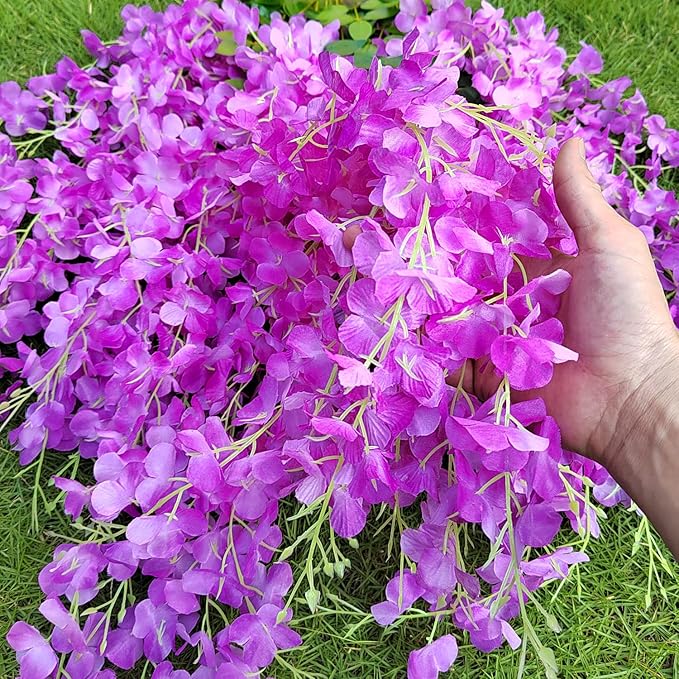24 Pack Artificial Fake Wisteria Vine Ratta (3.75 Feet) Hanging Garland Silk Flowers String Home Party Wedding Decor(Purple)