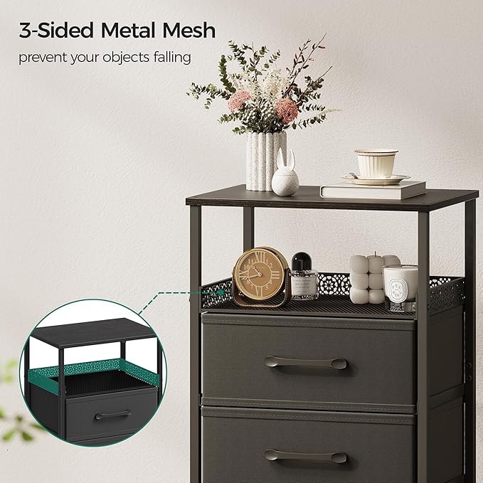Night Stand Set of 2, Nightstands with 3 Fabric Drawers, Side Table with Open Storage Shelf, Security Metal Mesh, Bedside Tables for Bedroom, Living Room, Small Spaces, Black