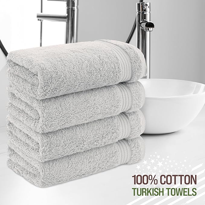 American Veteran Towel, Hand Towels for Bathroom Set of 4, 100% Cotton Turkish Hand Towel Sets Clearance Prime, Soft Drying Hand Face Towels, Silver Grey Hand Towels
